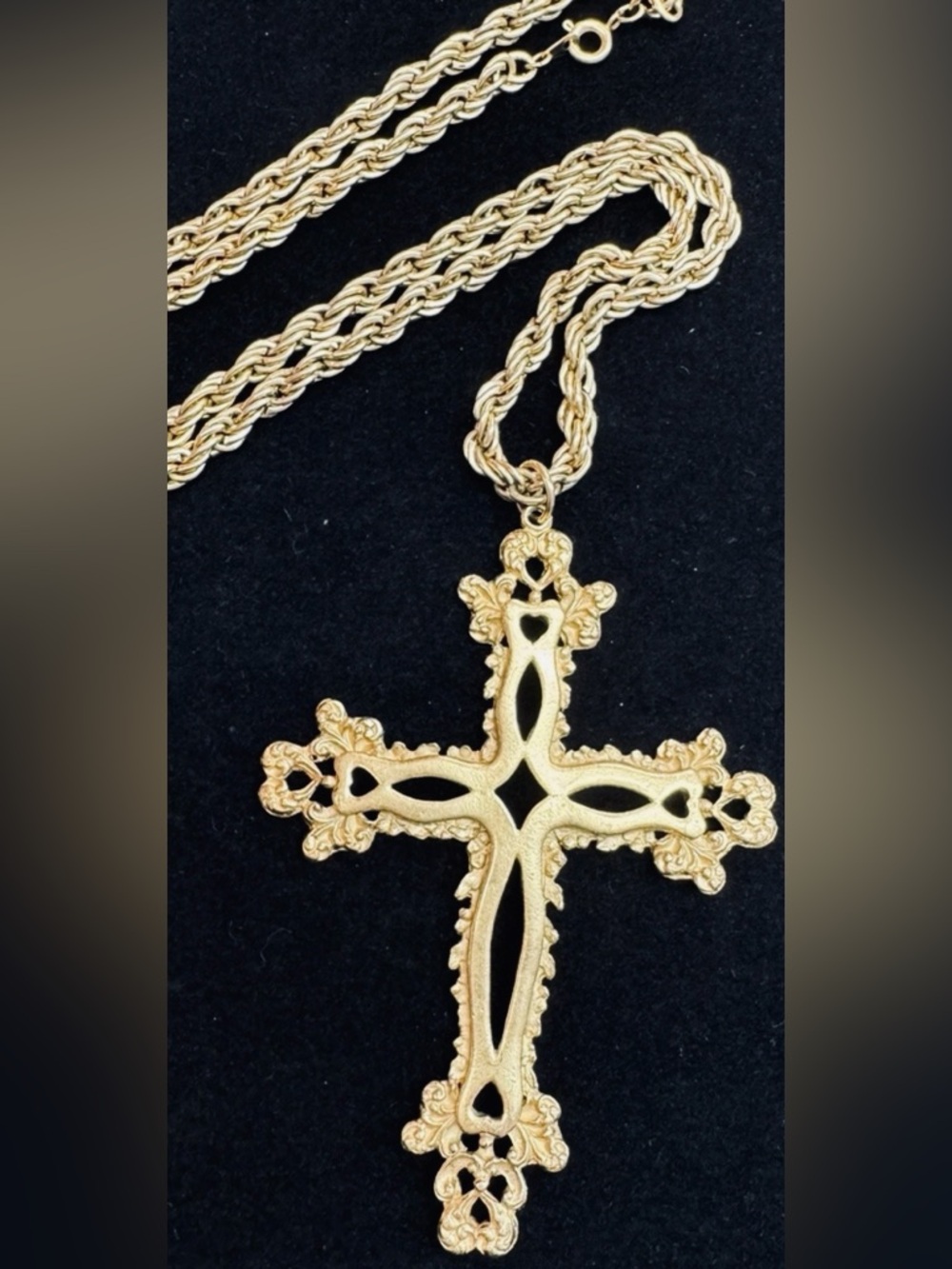#130 Vintage Large Gold-tone Baroque Cross Statement Necklace